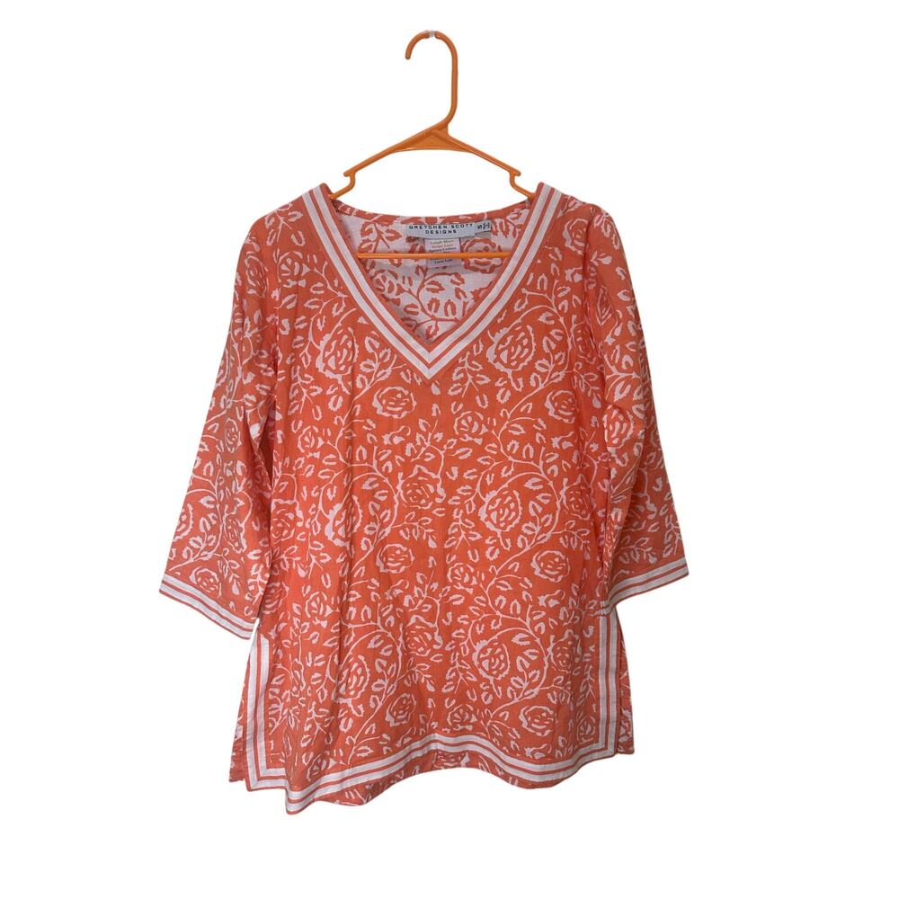 Gretchen Scott Top Sz S Peach Orange Tunic Cotton Floral V Neck Beachy - Nice